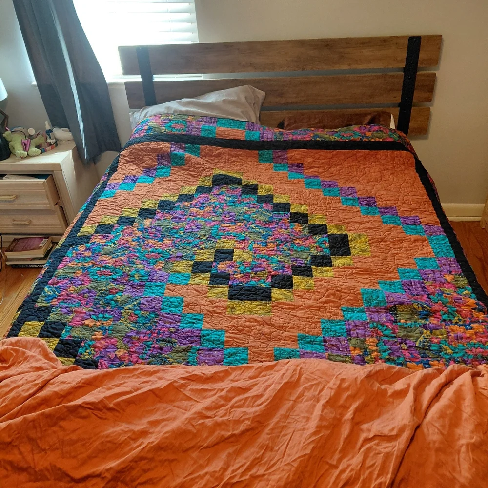 Handmade Spiral Quilt 70x90 Large Art Quilt Bedspread Boho Colorful Blanket